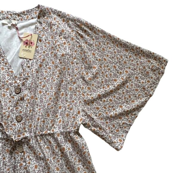 Entro Dress Cream Multicolor Floral Half Sleeve Button Front Boho Tunic Large - Picture 8 of 13